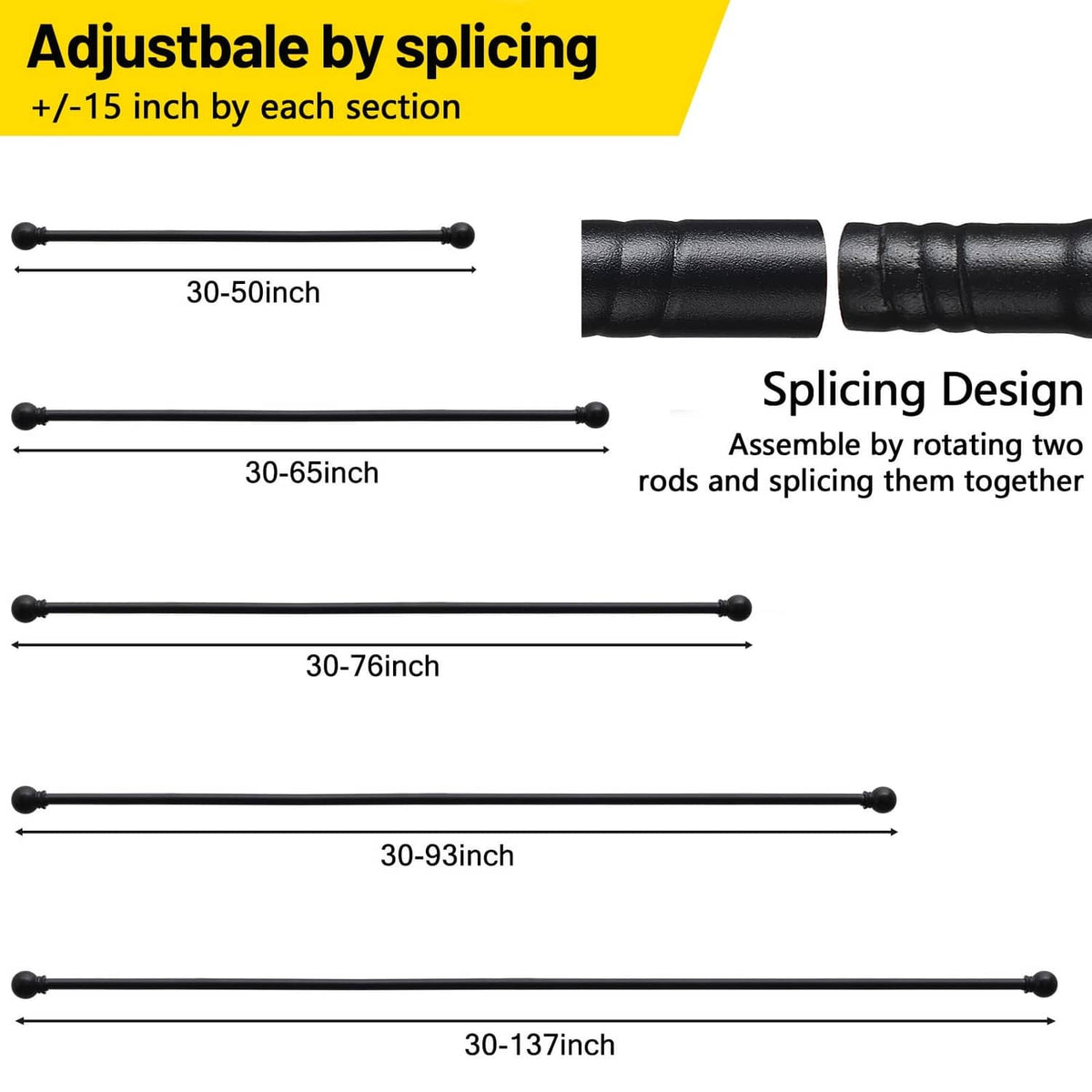 Matte black adjustable curtain rod with splicing connectors and round end caps