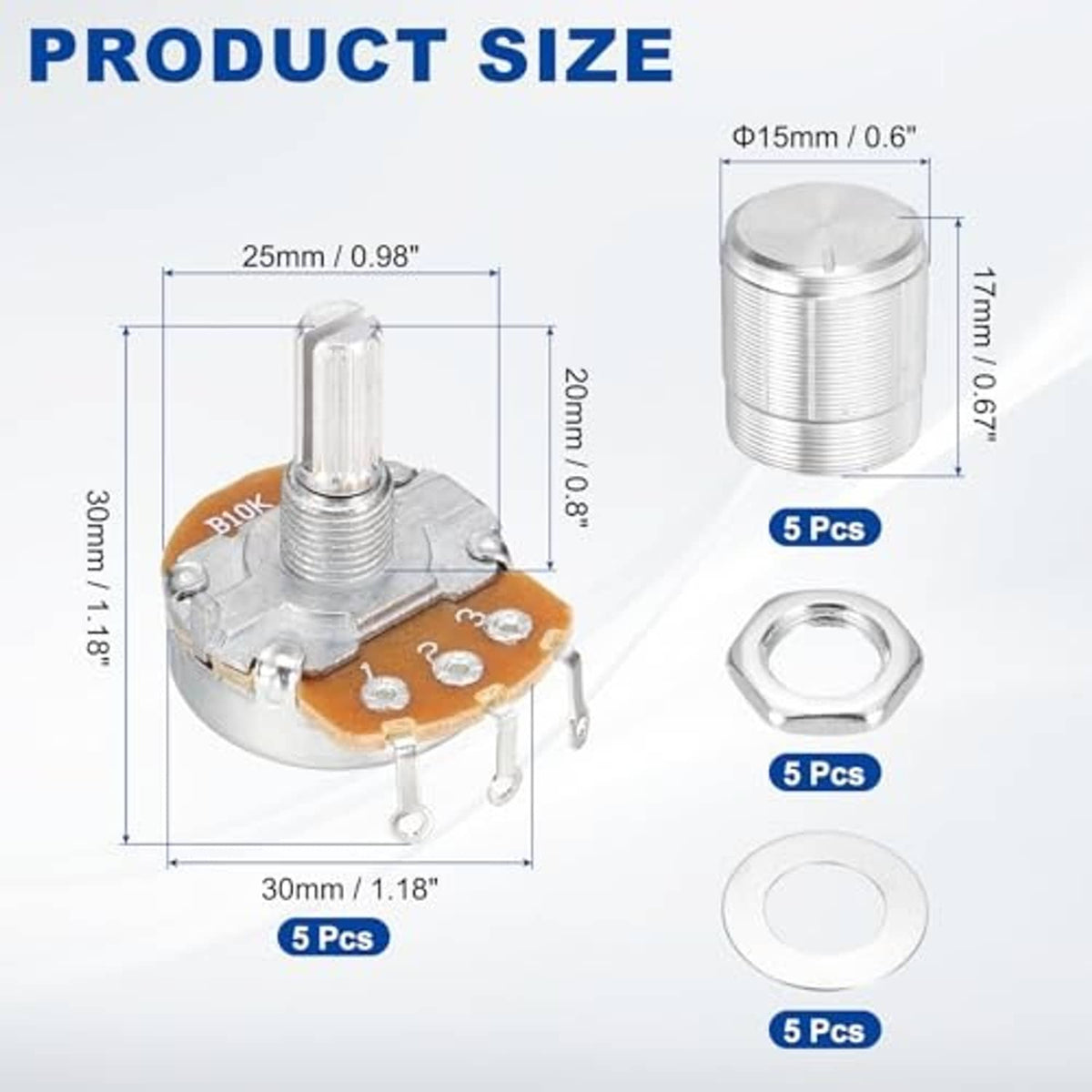 Single-turn linear rotary potentiometer with metal body, clear shaft, and orange PCB
