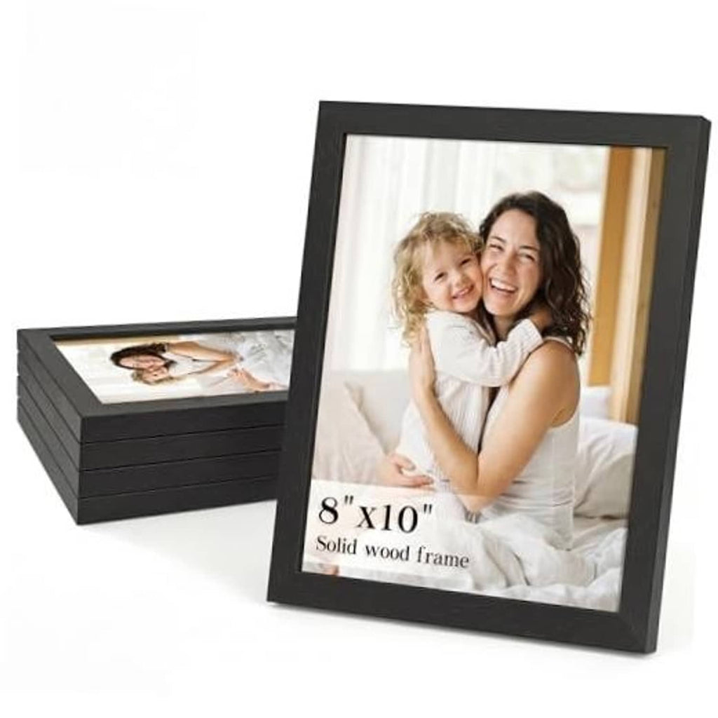 Black 8x10 solid wood picture frame, front view with photo of woman and child