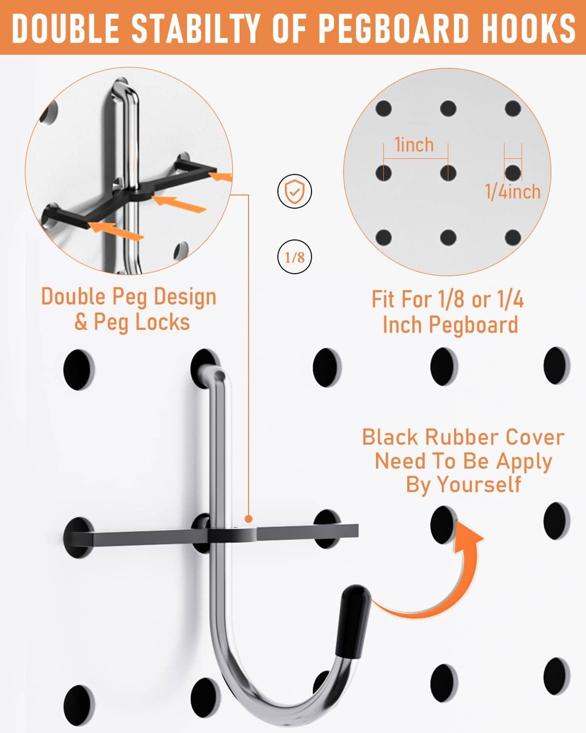 Pegboard double-stability U hook with black rubber cover and pegboard hole locking