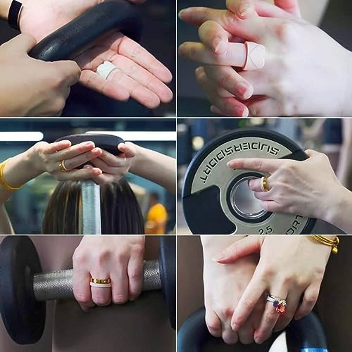 Silicone heart-shaped ring covers on fingers in gym and daily-use scenes