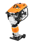Orange and black vibratory rammer tamper with spring-loaded base and caster wheels