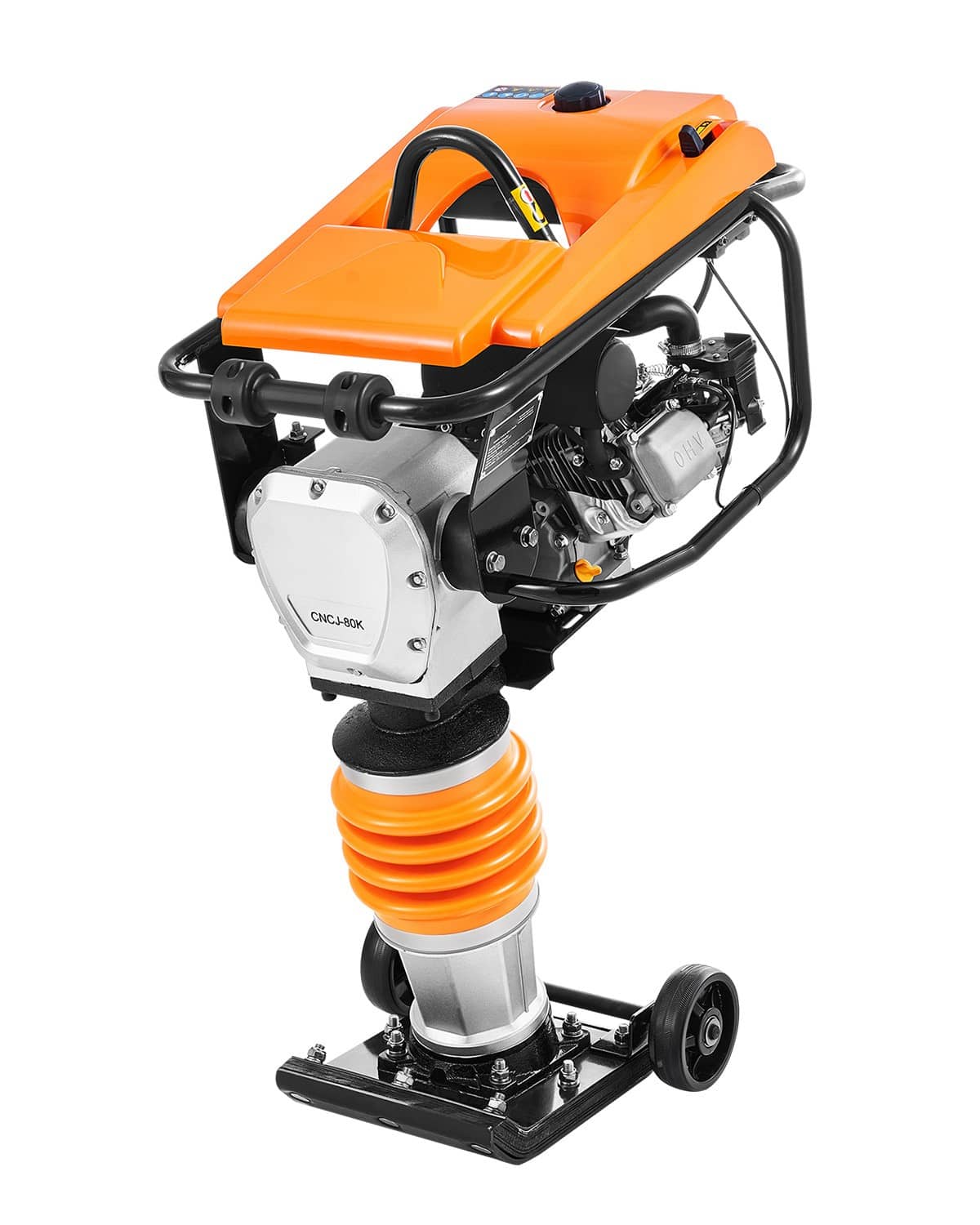 Orange and black vibratory rammer tamper with spring-loaded base and caster wheels