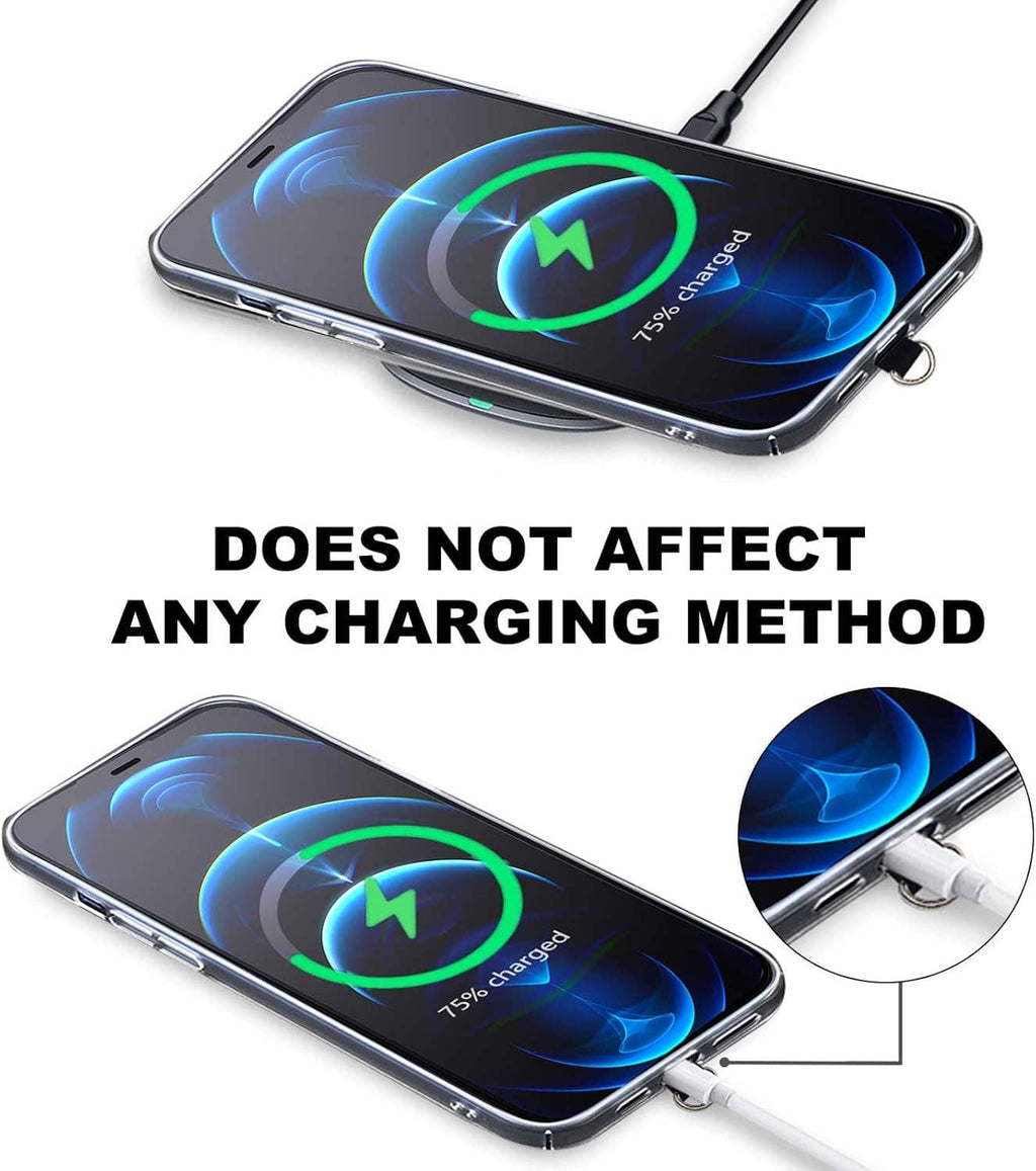 Phone tether tab with metal ring attached to a phone case and black strap