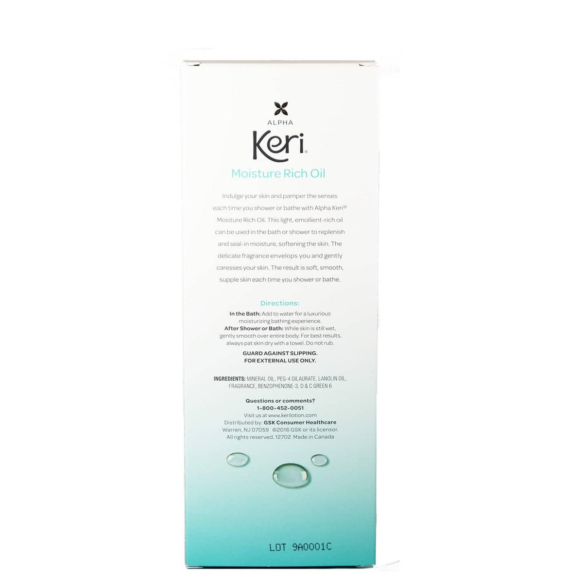 Keri moisture oil shower and bath bottle with back label, directions and ingredients panel