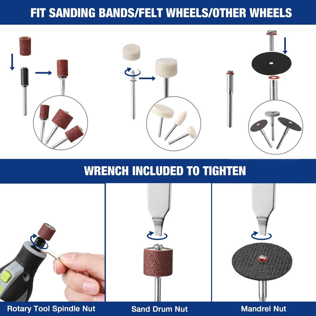 Sanding bands and felt wheels set with mounting mandrels and included wrench