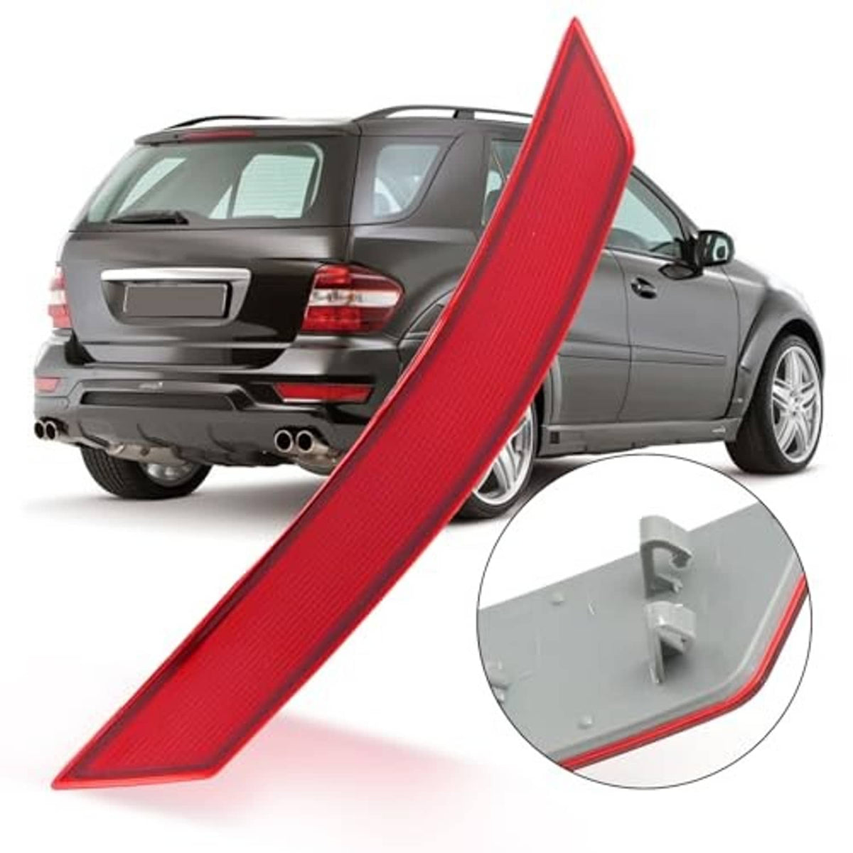 Red rear bumper reflector with close-up of mounting hardware