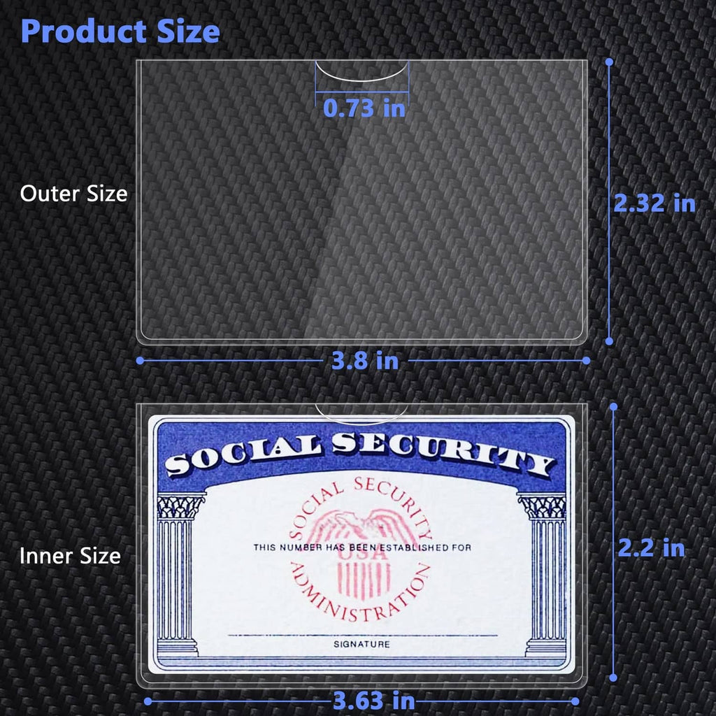 Clear card protector size diagram with outer and inner dimensions shown in inches