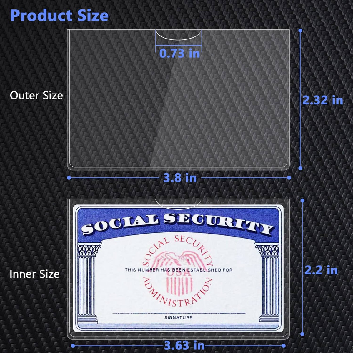 Clear card protector size diagram with outer and inner dimensions shown in inches