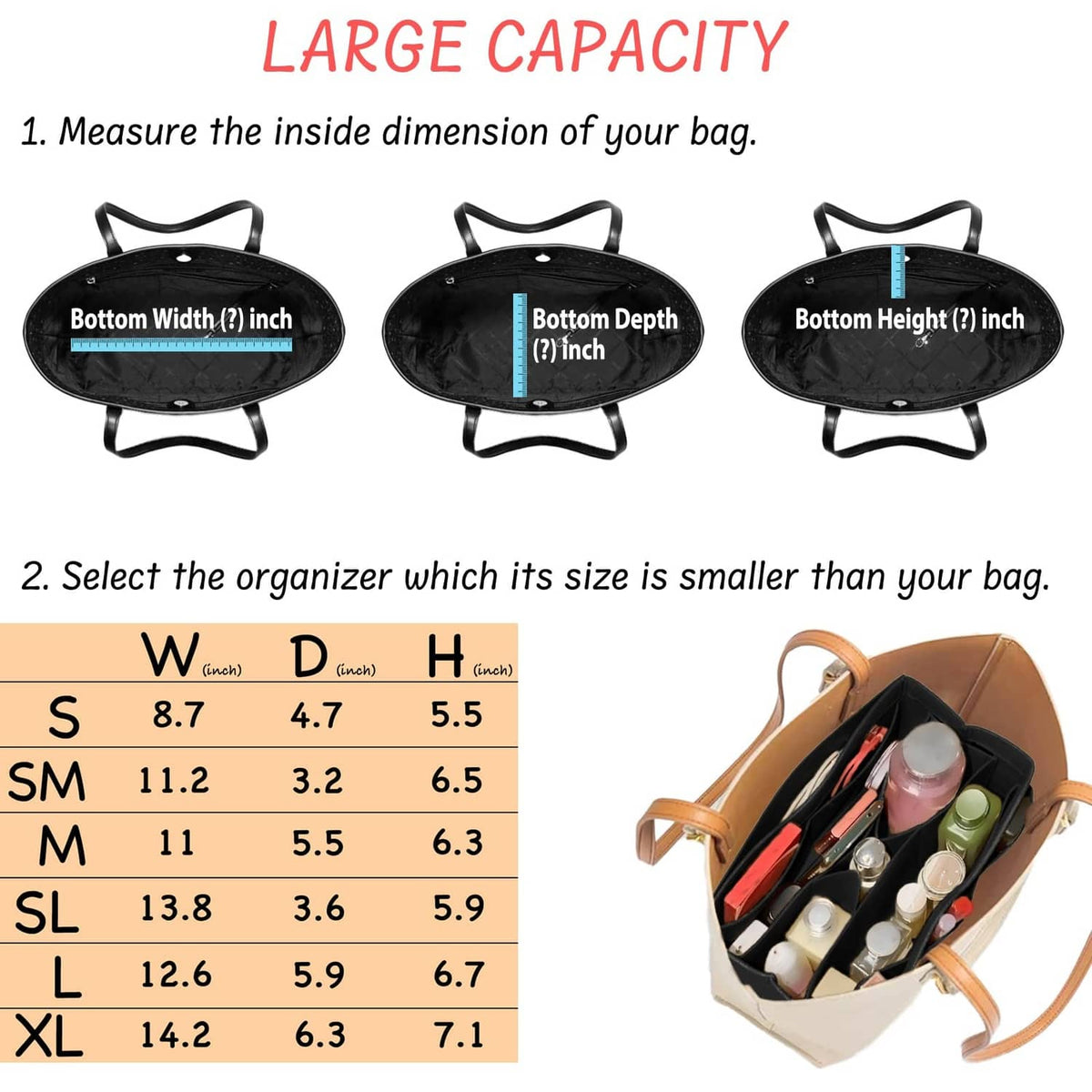 Black felt purse organizer insert with interior compartments and divider panels