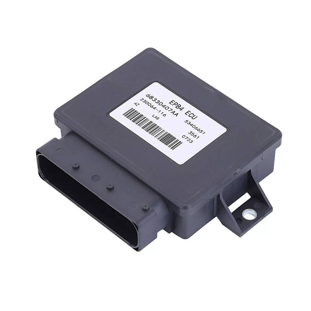 Parking brake control module with barcode label, angled view and multi-pin connector