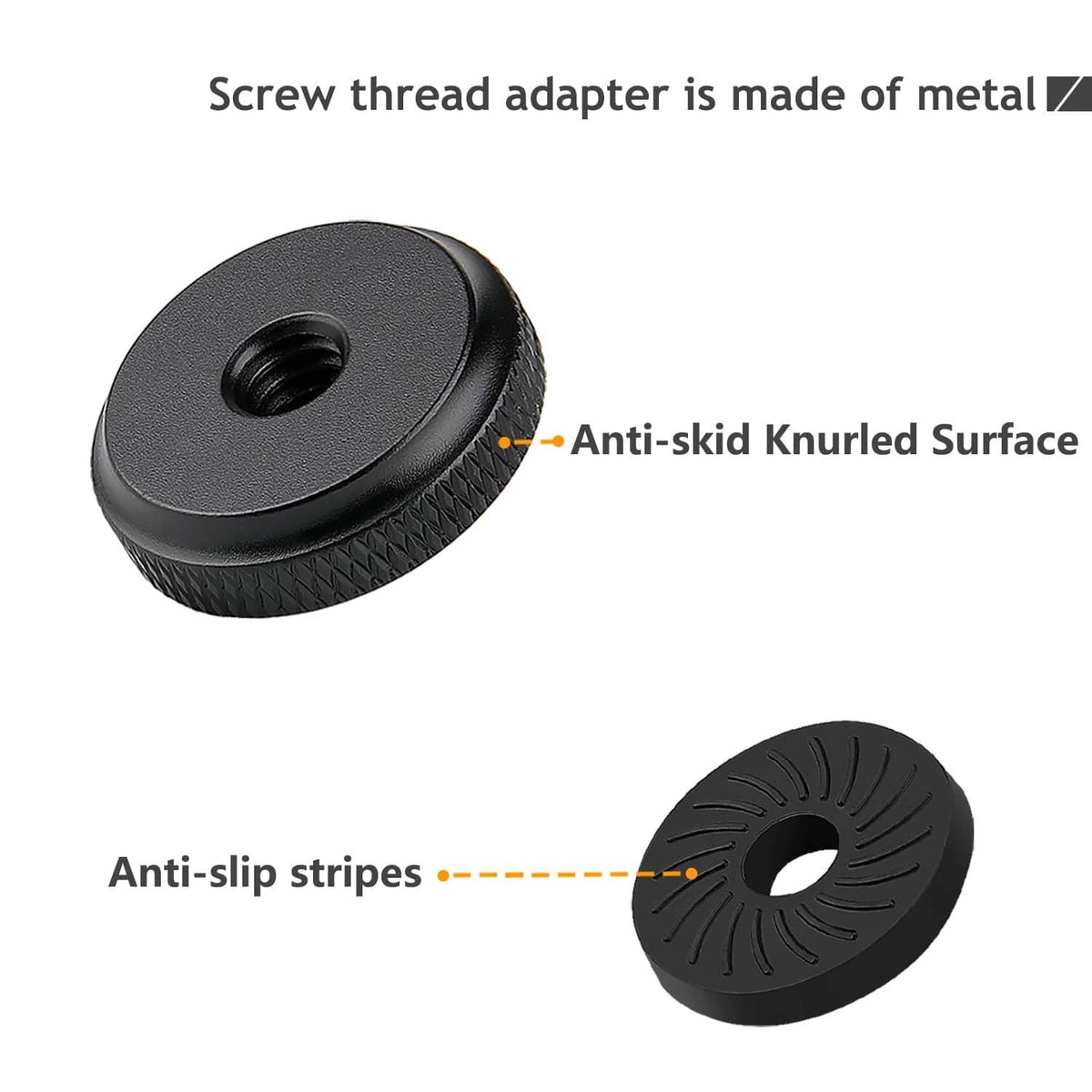 Black thumb wheel lock nut with anti-skid knurled edge and center thread