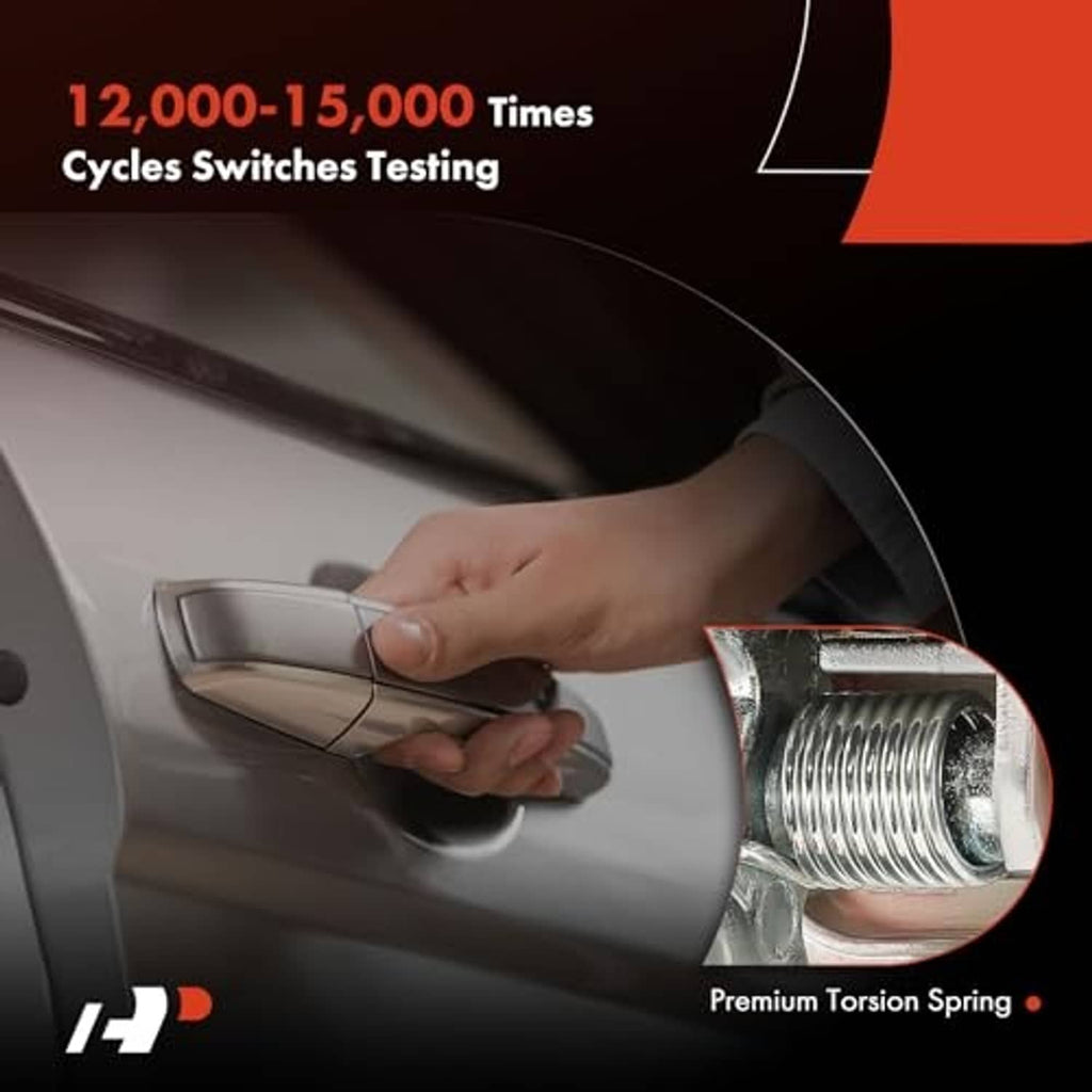 Hand testing a chrome exterior door handle with torsion spring visible