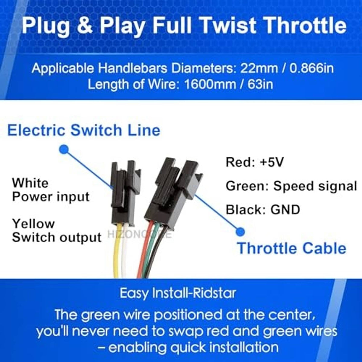 Full twist throttle controller with colored wiring leads and quick plug-and-play connectors