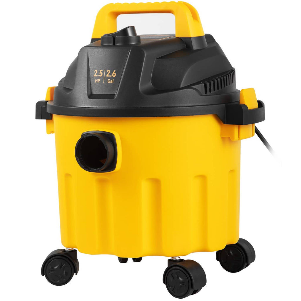 Yellow wet-dry shop vacuum cleaner with carry handle, hose inlet, and four caster wheels
