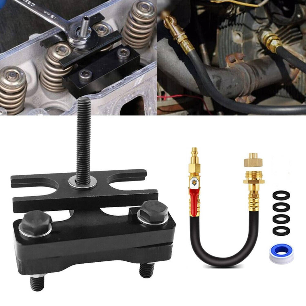 Valve spring compressor tool with air valve holding hose and fittings, screw and base