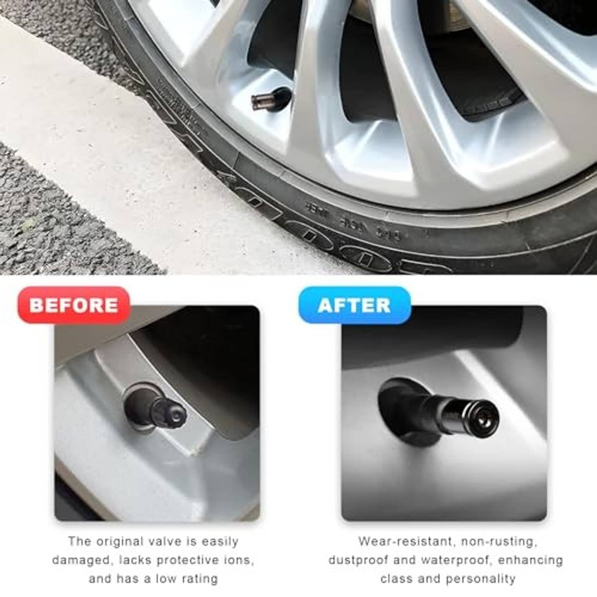 Locking tire valve stem cap installed on a wheel valve, showing anti-theft design