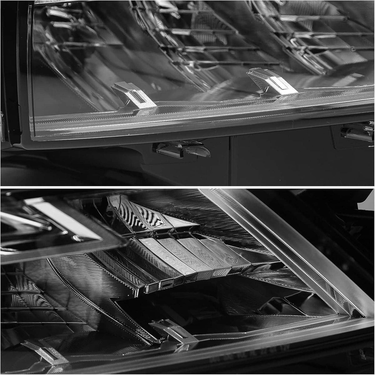 Close-up of LED projector reflector elements inside clear headlight lens