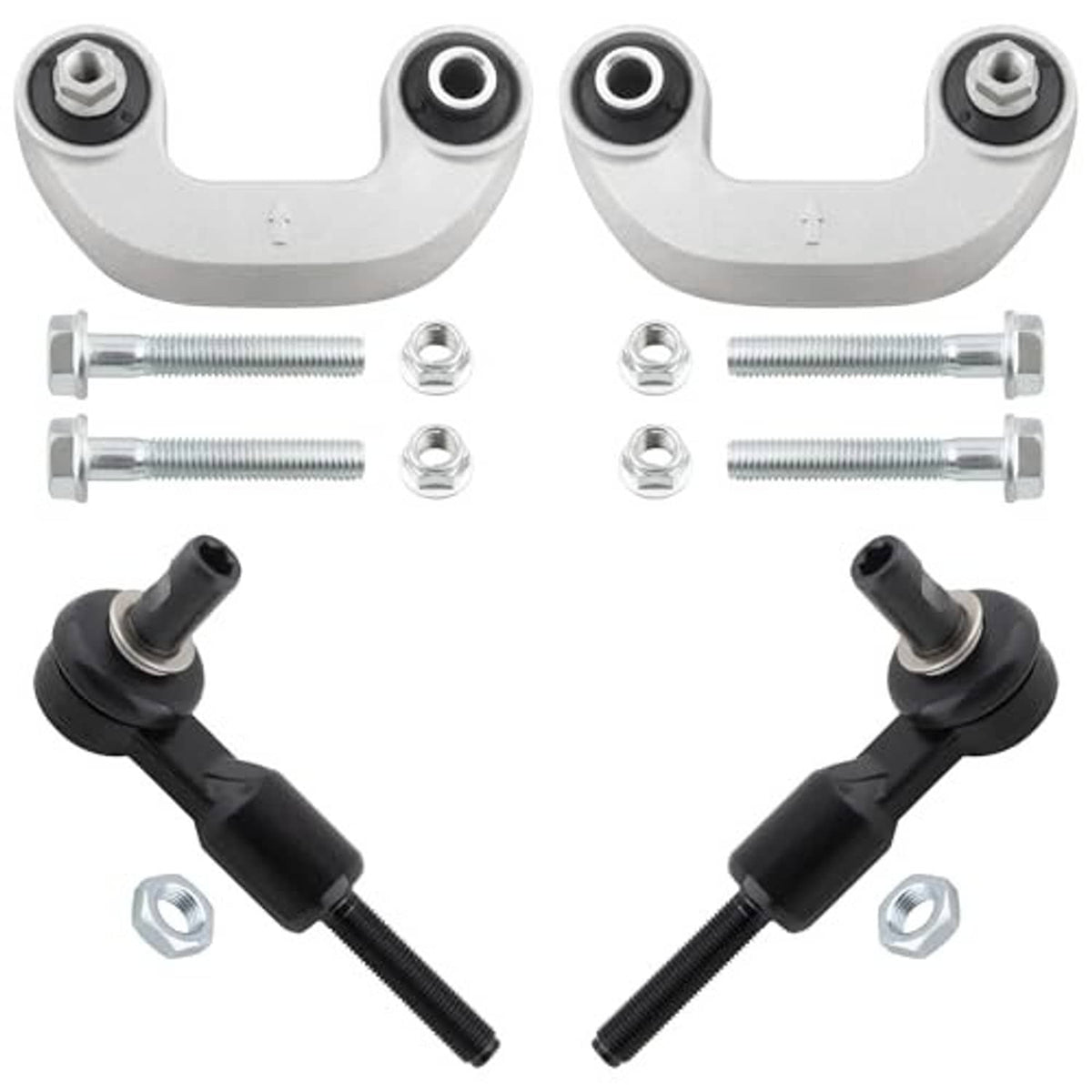 Set of outer tie rod ends and sway bar end links: two grey arms, black rubber joints, hardware