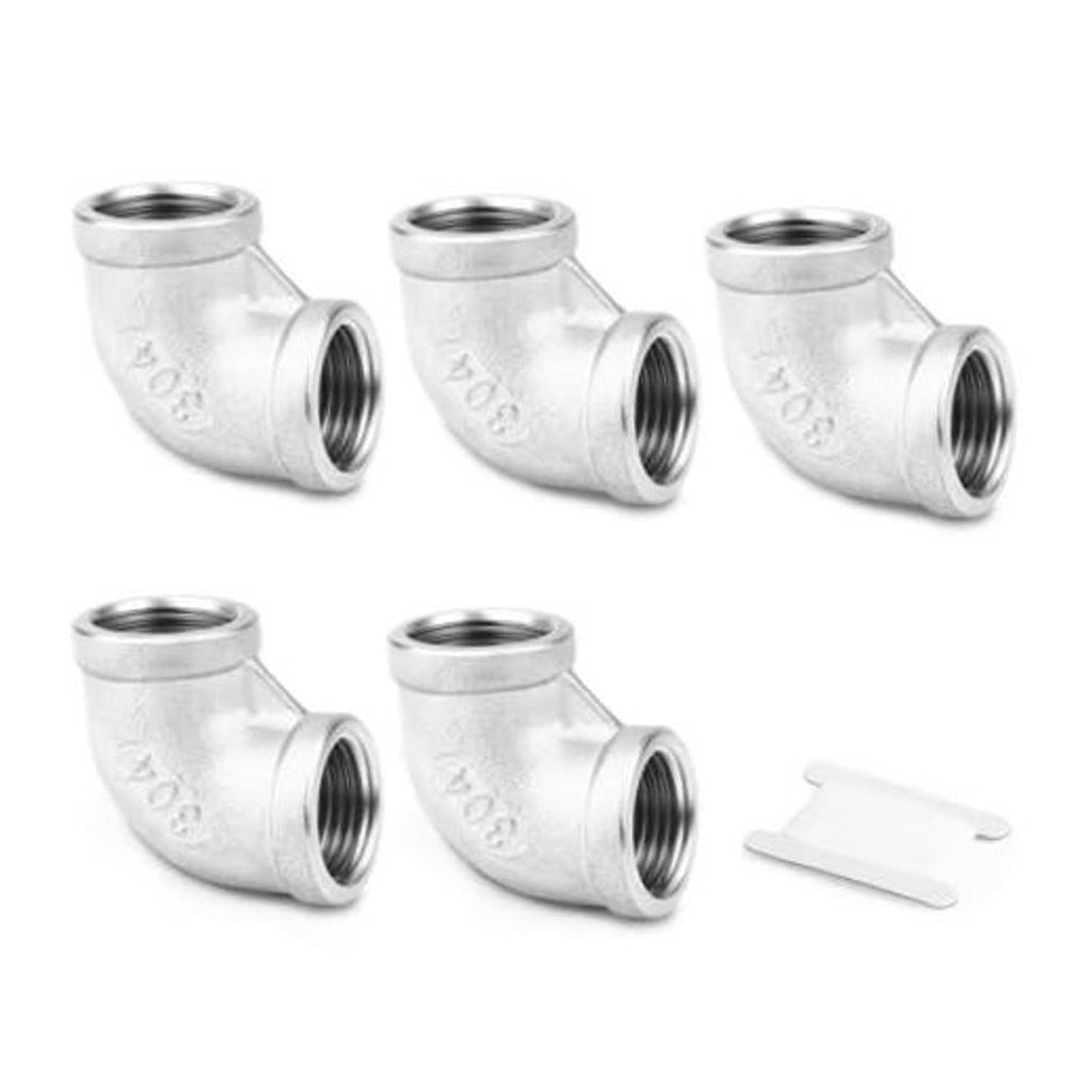 Set of stainless steel 90-degree elbow fittings with threaded male ports, 1 in NPT.