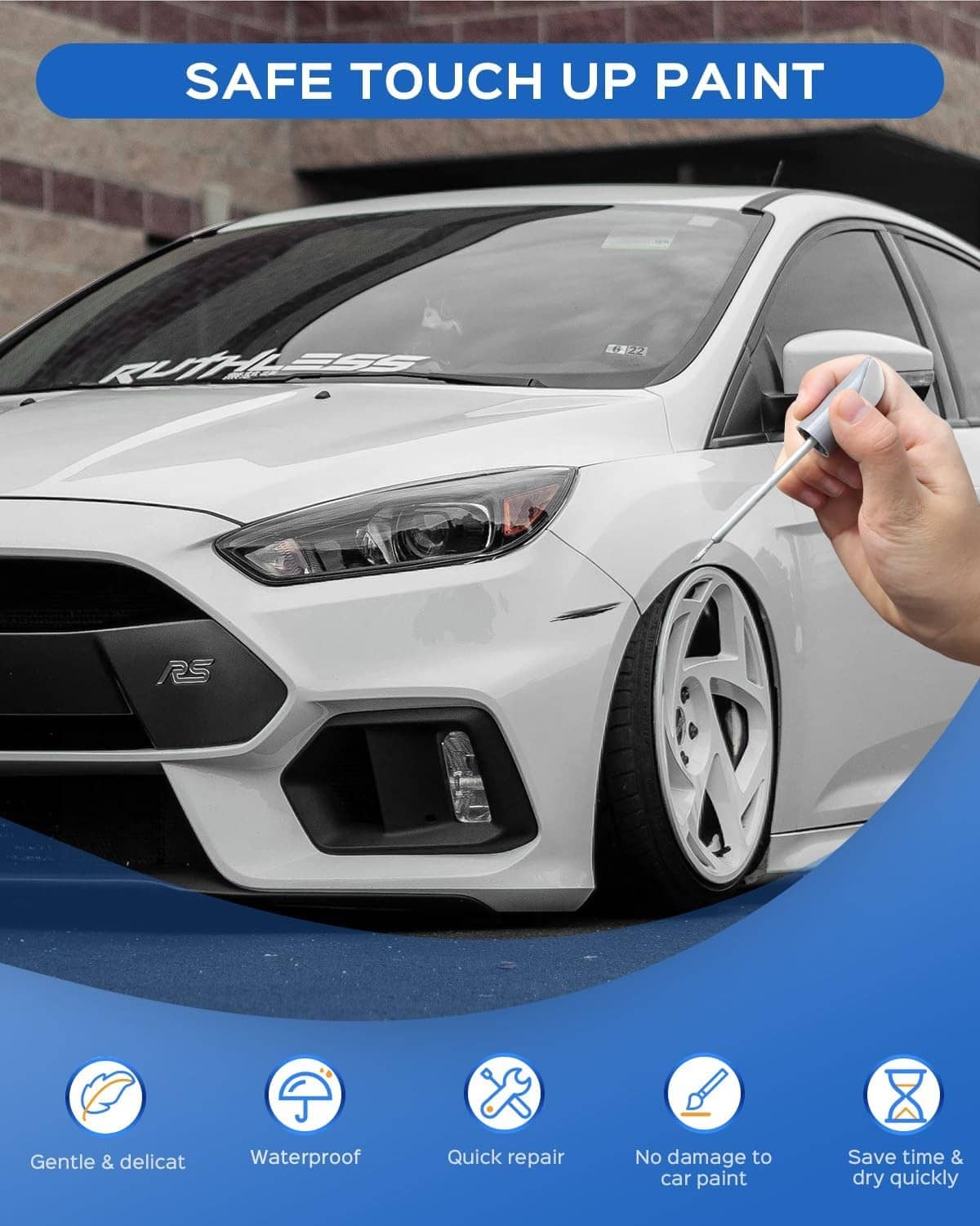 Car paint touch-up pen applying to white car panel with hand