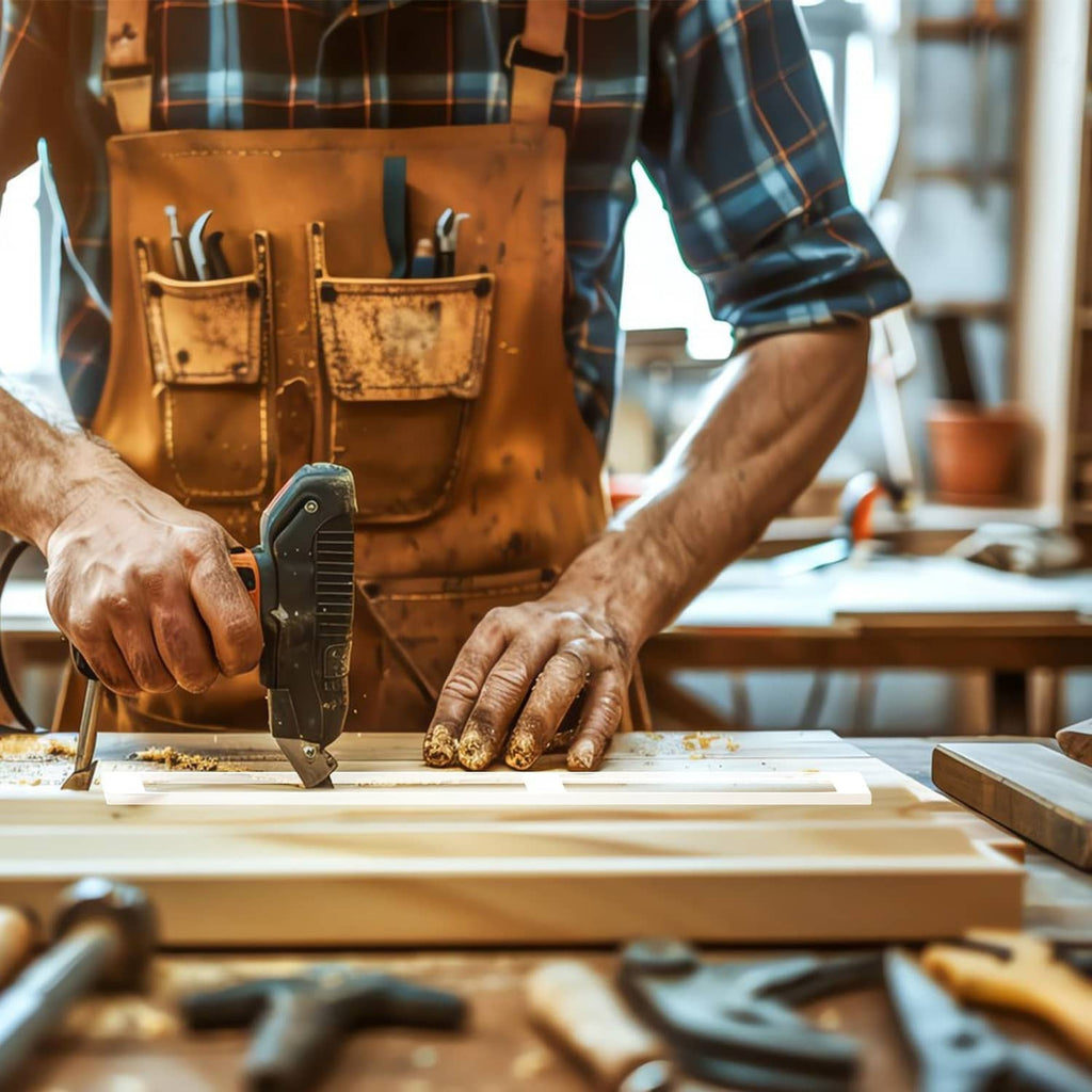 Woodworker hands using a router on a wooden board in a workshop
