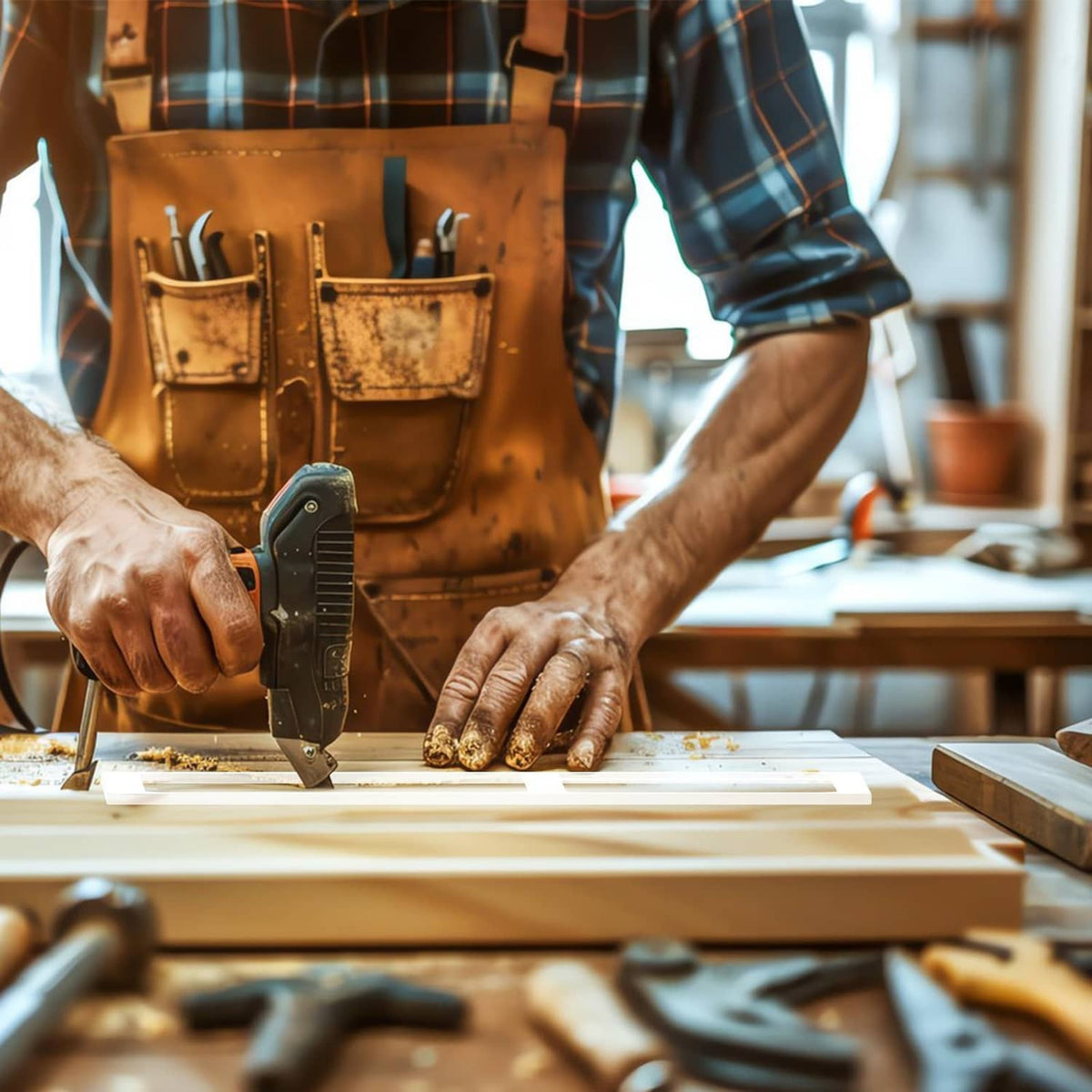 Woodworker hands using a router on a wooden board in a workshop