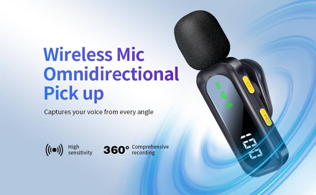 Black wireless lavalier microphone with LED display, clip, and foam windscreen