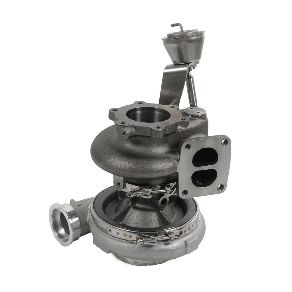 Turbocharger assembly with metal housing, inlet and outlet ports, and mounted oil line