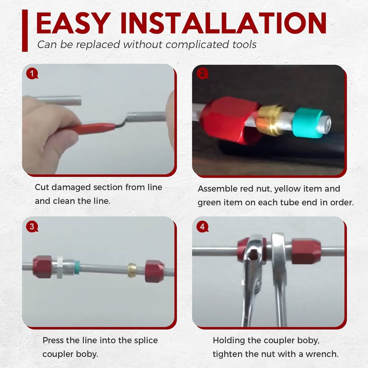 A/C splice connector kit installation, hands assembling red coupler and teal seal