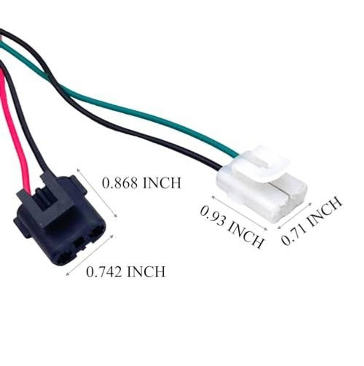 Headlight wiring harness connector close-up with wire and plug measurements in inches
