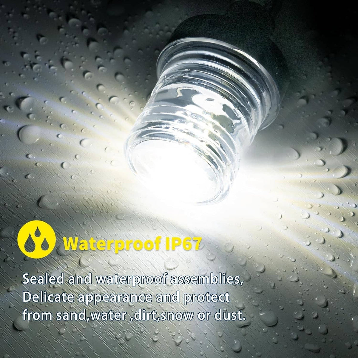 Waterproof LED anchor light lens with water droplets on clear glass