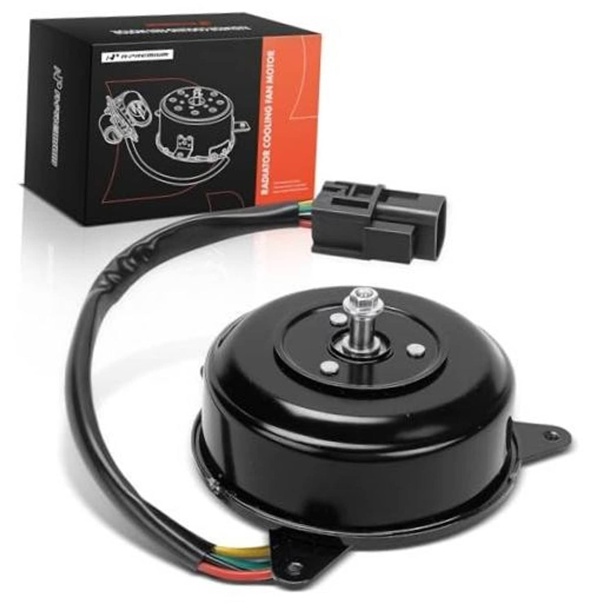 Radiator fan motor assembly with black housing, mounting plate, and wire connector