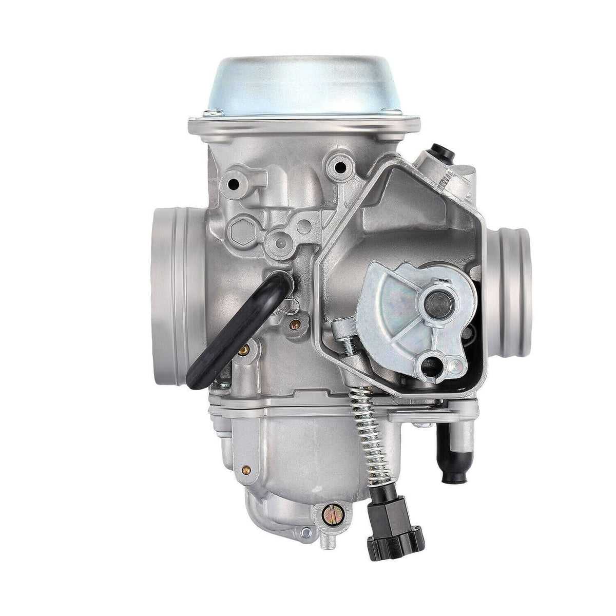 Carburetor assembly with metal body, fuel line fittings, and choke lever