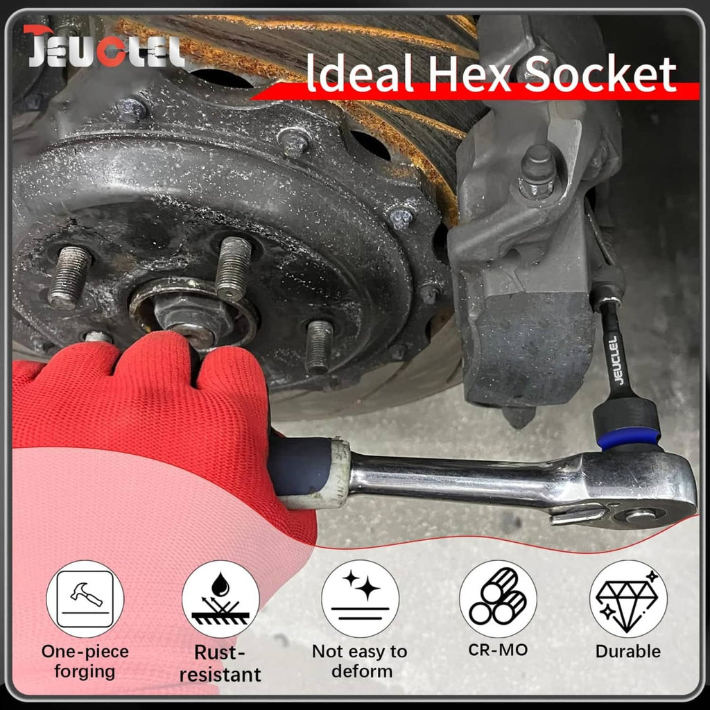 H11 hex socket bit in use on a vehicle part, black body with blue ring