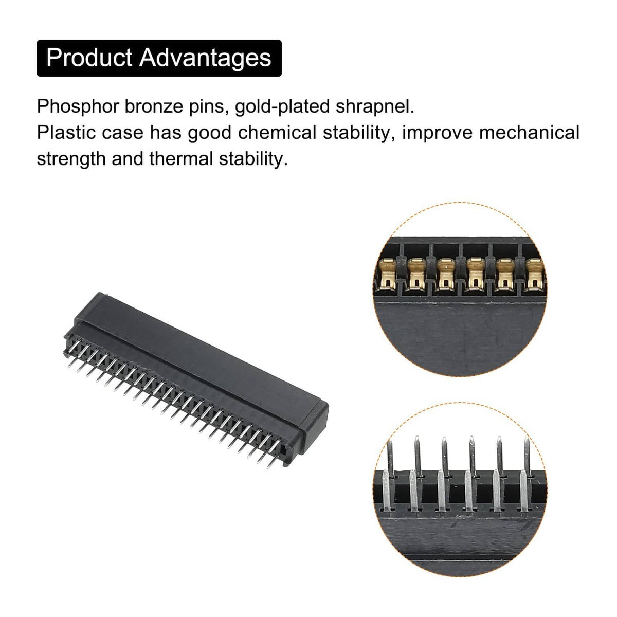 44-pin card edge connector with gold-plated pins, black plastic housing