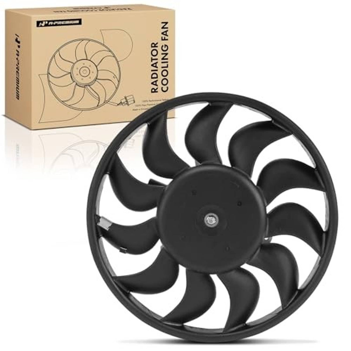 Radiator cooling fan assembly with black circular blades and centered motor hub, with box