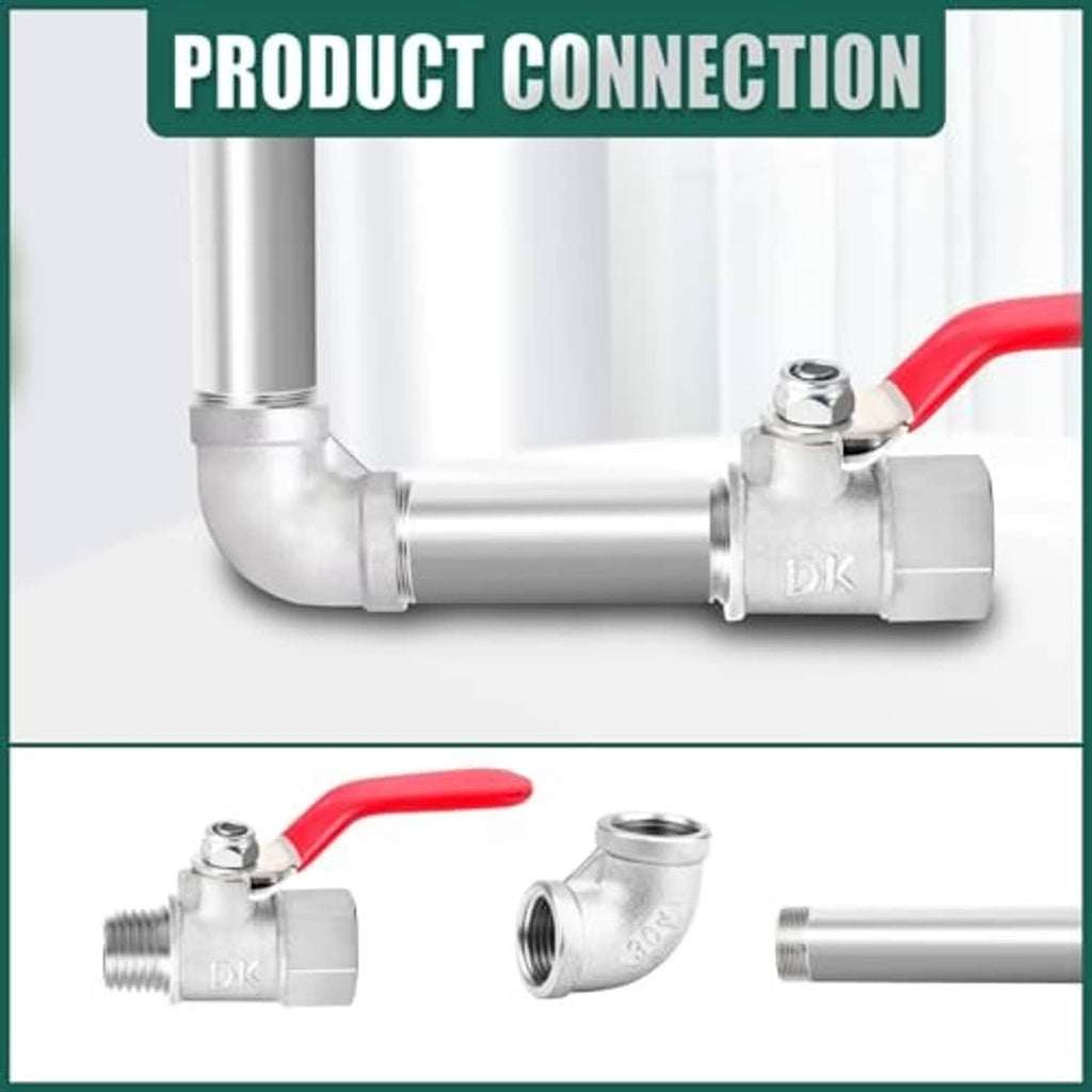 Stainless steel 90-degree elbow fitting connected to metal pipe segments with NPT threads.