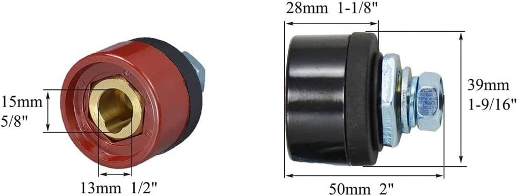 Red TIG welding cable socket connector with brass insert, angled view