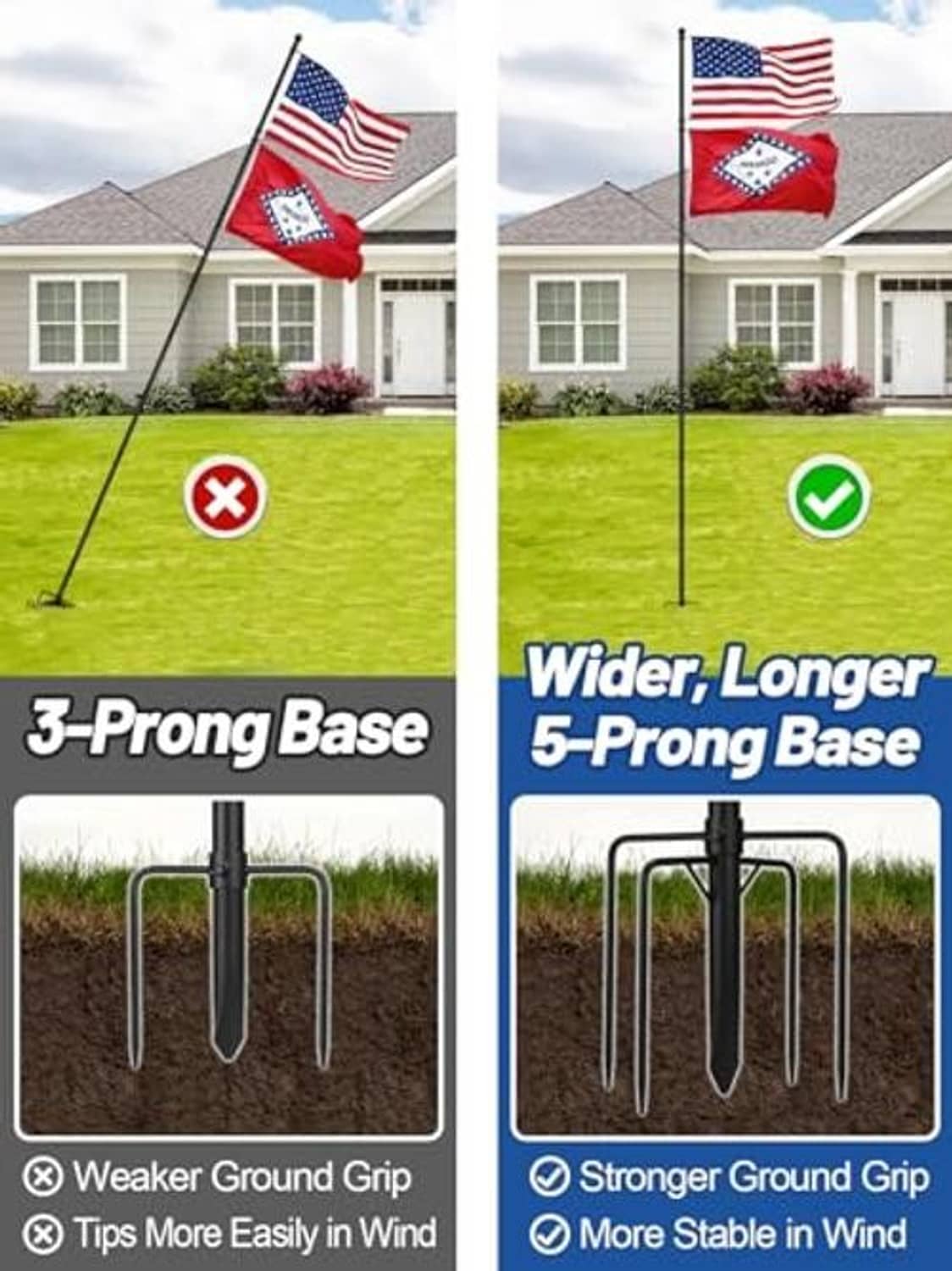 In-ground flag pole with 3-prong base and 5-prong base for steadier setup