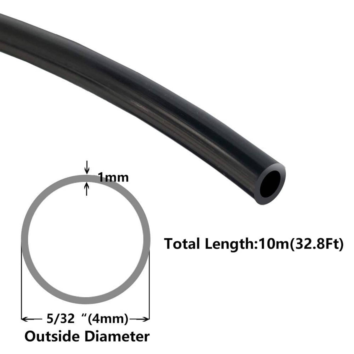 Black pneumatic nylon tube with open end, 5/32 in outside diameter, 32.8 ft length