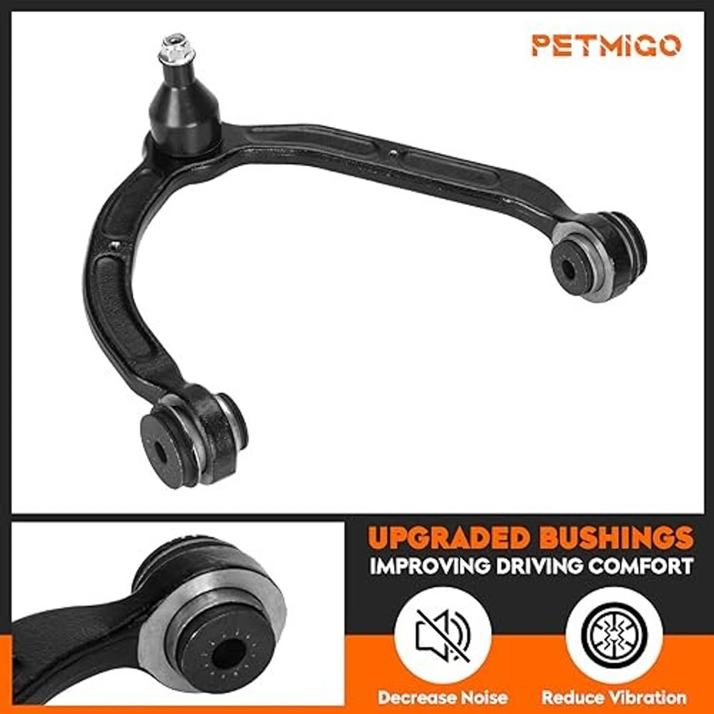 Front suspension upper control arm with ball joint and bushing, black metal link