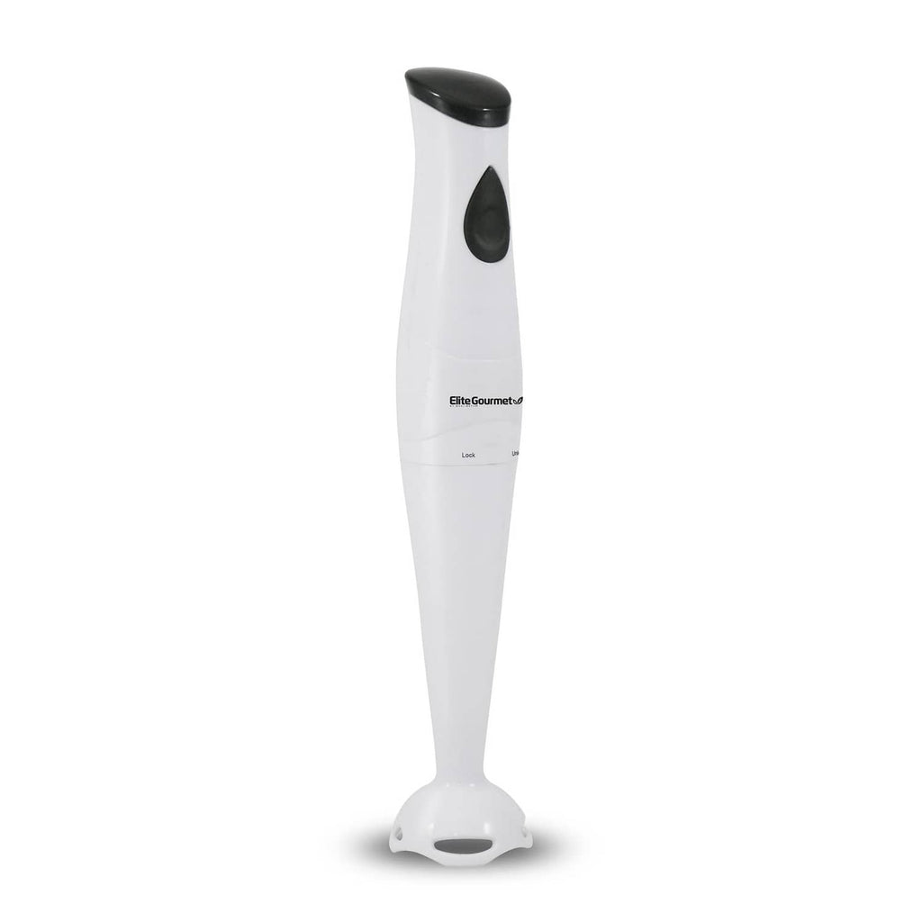 White immersion hand blender with black button and detachable blending shaft