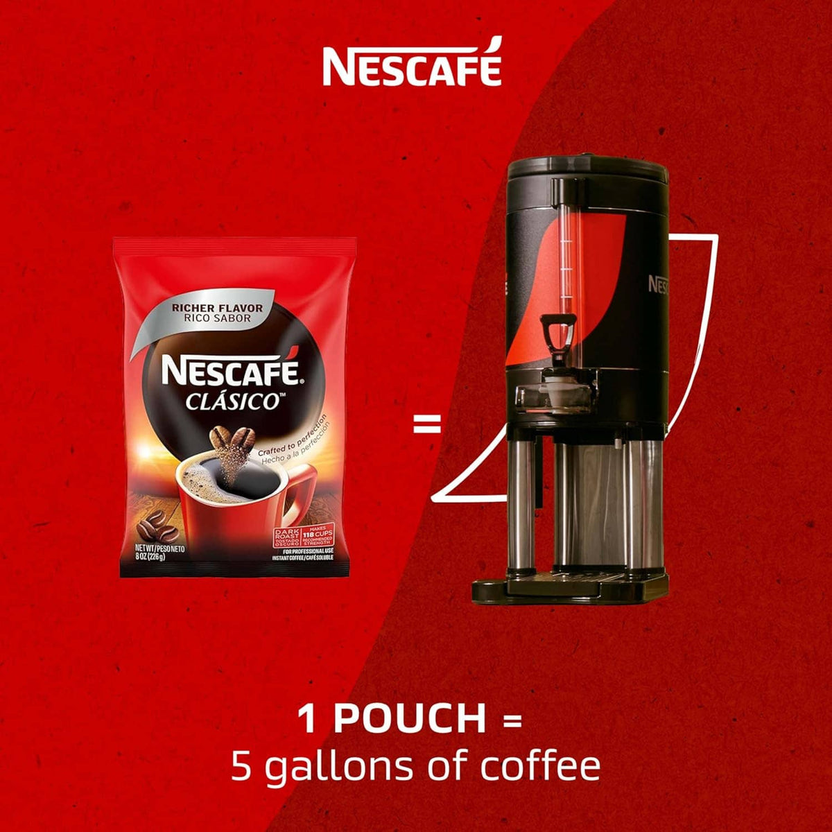 Nescafe instant coffee pouch and dispenser graphic, “1 pouch = 5 gallons”
