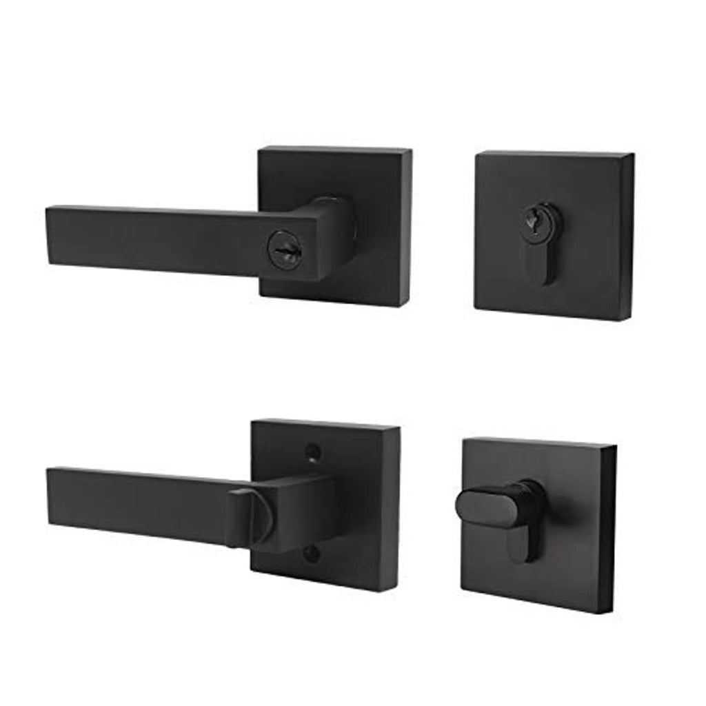 Matte black square lever and deadbolt components shown as separate pieces.
