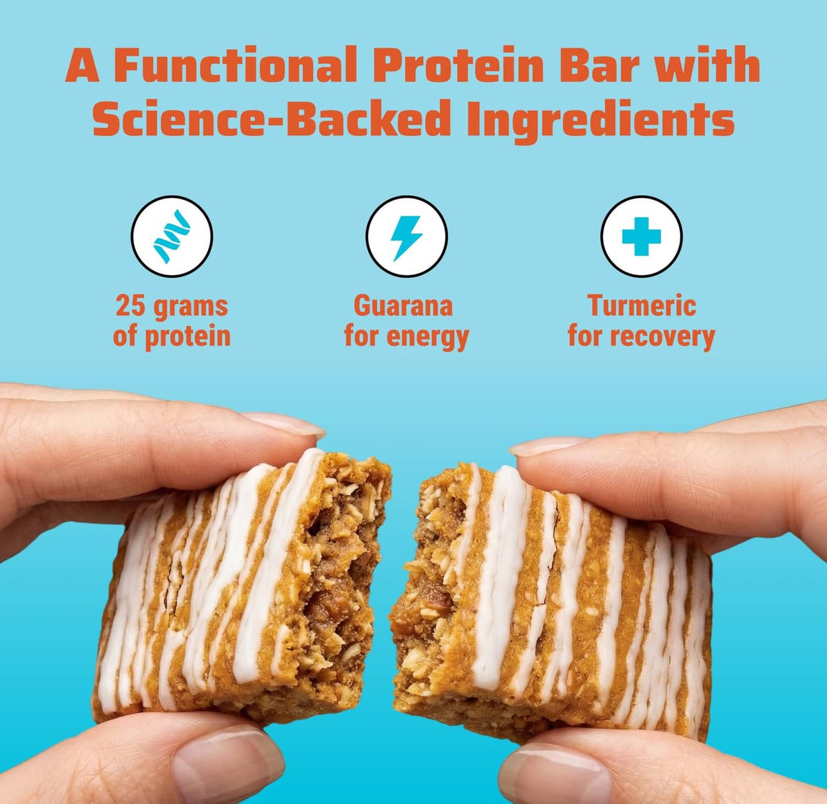 Protein bar halves held between fingers, with striped white and caramel layers