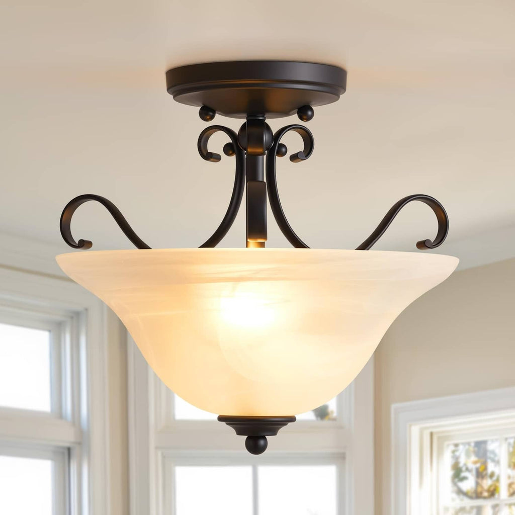 Black semi-flush ceiling light with frosted glass shade and decorative scroll arms