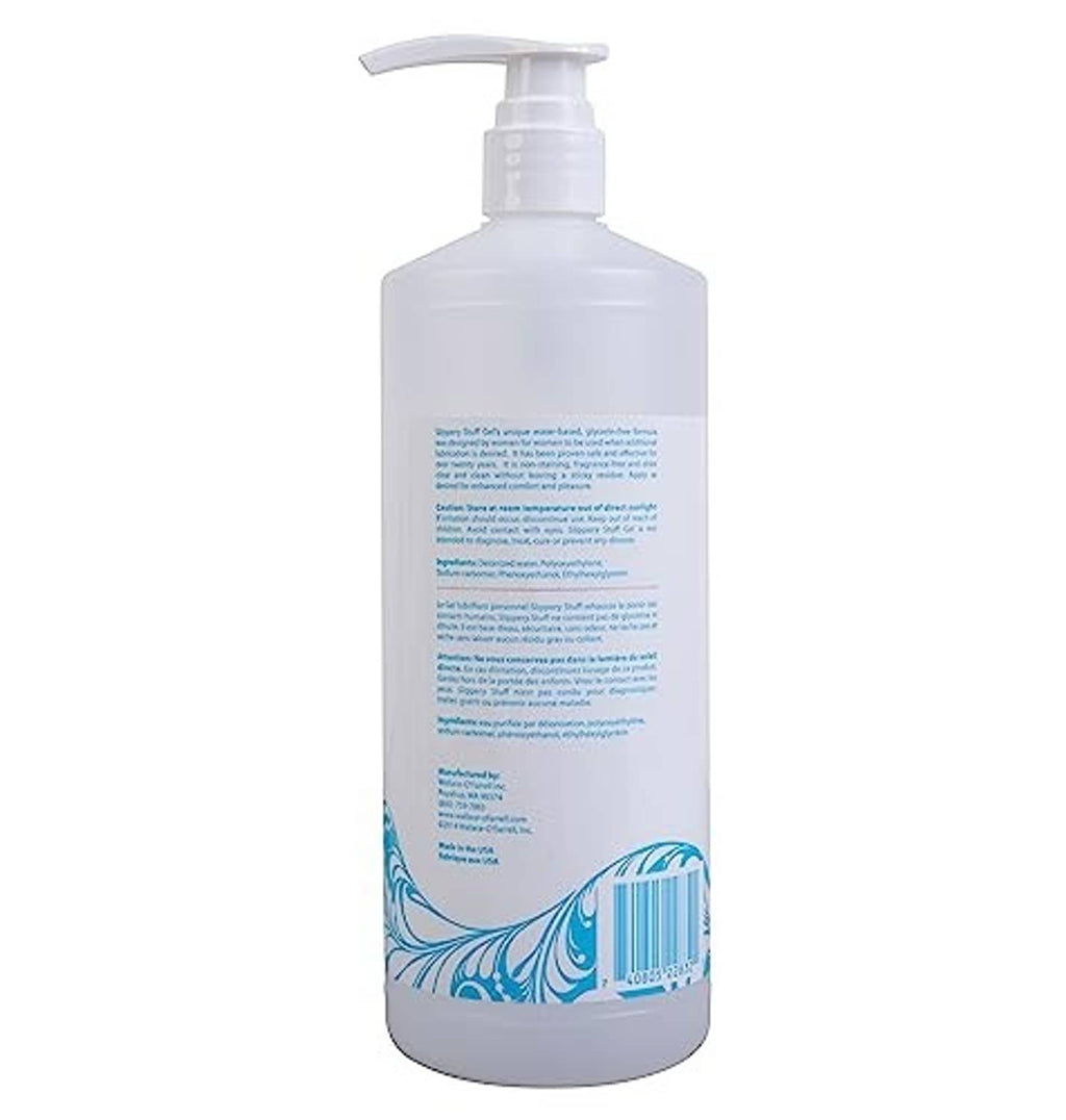 Slippery Stuff lubricant gel bottle with pump, back label and barcode