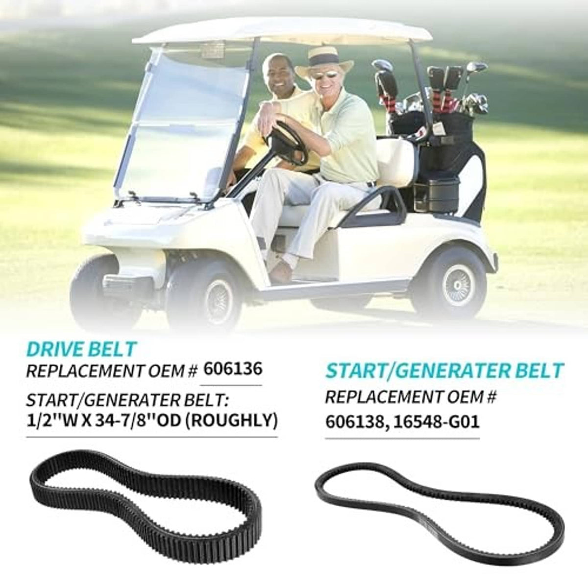 Two black ribbed belts for golf cart drive and start/generator use