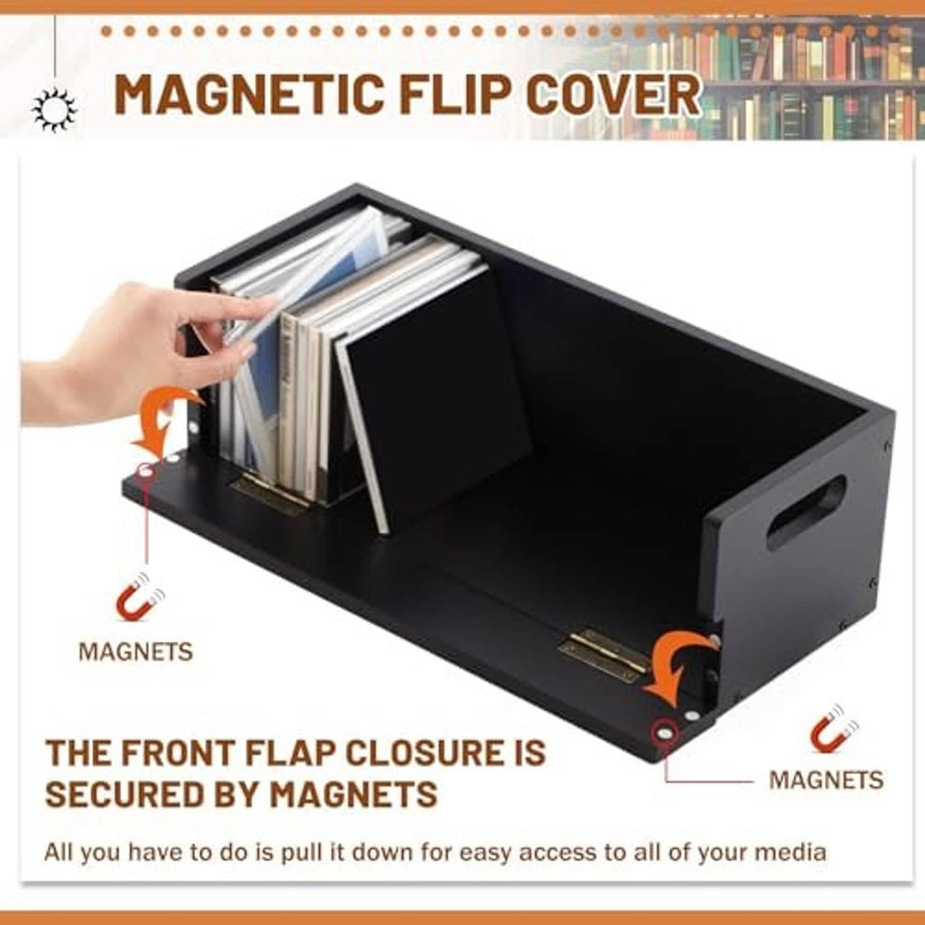Black CD storage rack with magnetic flip cover flap and CD cases inside